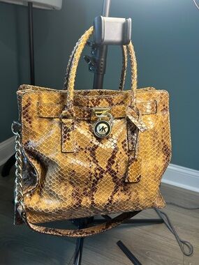 Michael Kors Brown Python-Print Shoulder bag with Gold Hardware